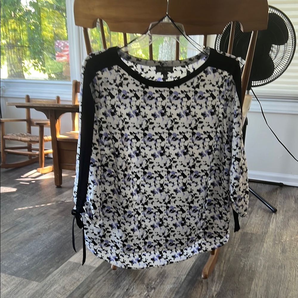 The Limited Black,Purple, White Patterned Blouse, black ribbon down sleeve ties